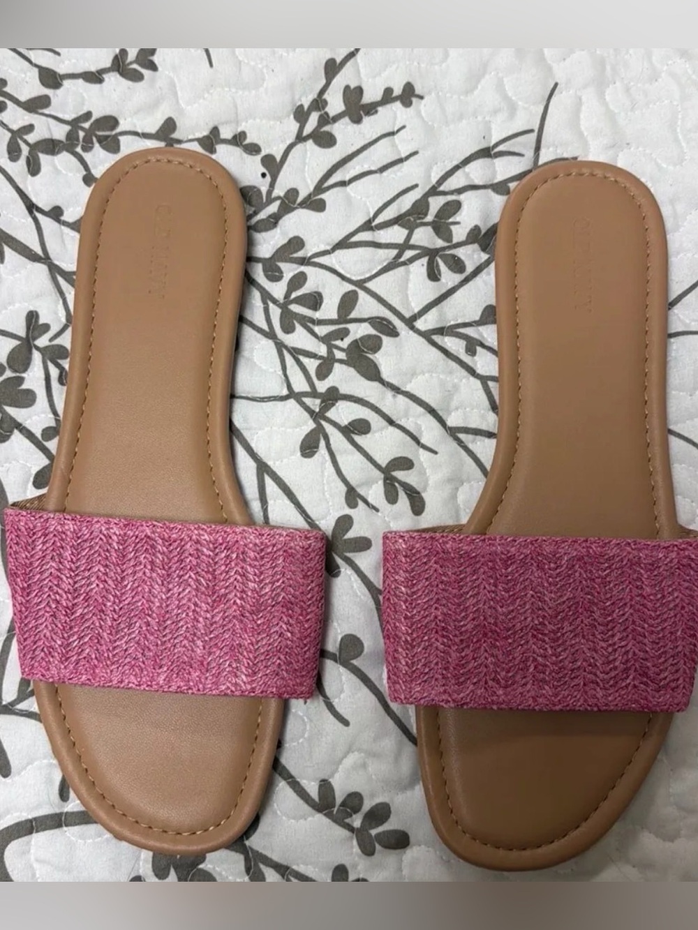 Women’s Tan Slide Sandals with Pink Fabric Strap
